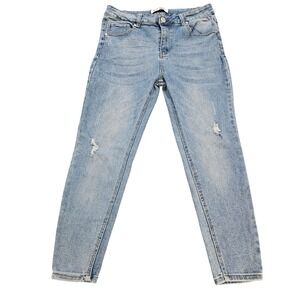 Blue Savvy Womens High Waisted Distressed Mom Jeans Light Wash Tapered Leg 30x25